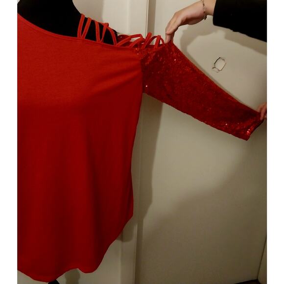 Red Sequin Cold Shoulder Strappy Long Sleeve Shirt Women’s 2XL Holiday Party - Picture 2 of 9